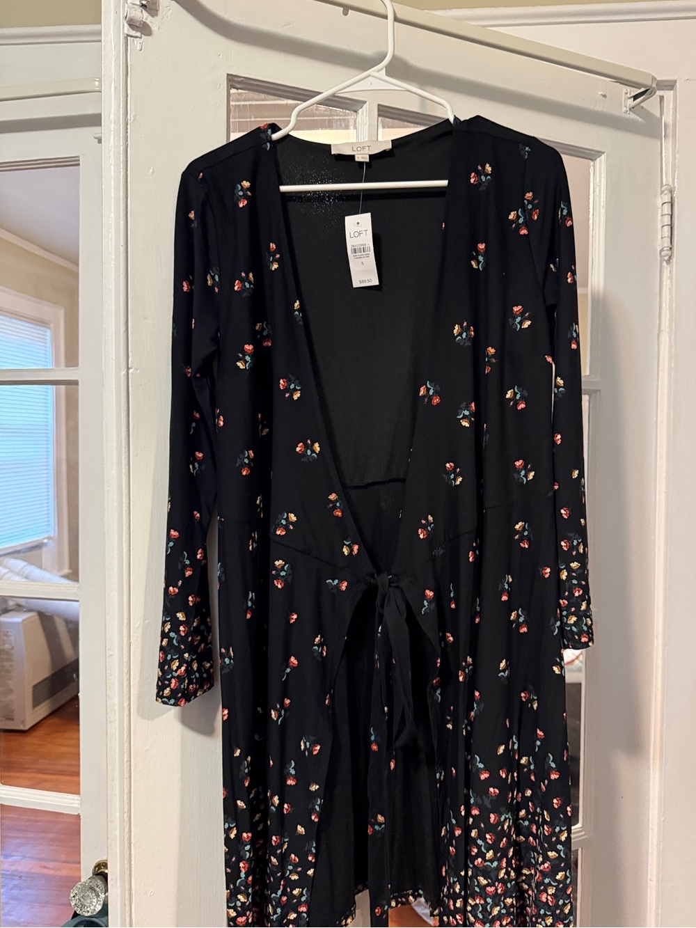 LOFT Black Floral Wrap Long Sleeve Dress